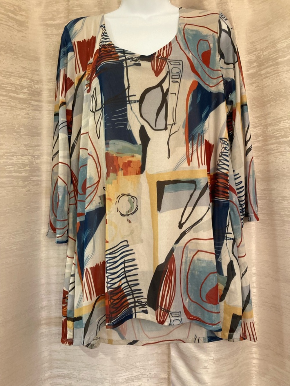 Peck & Peck Abstract Scoop Neck Tunic in Taupe, Blue & Rust size large